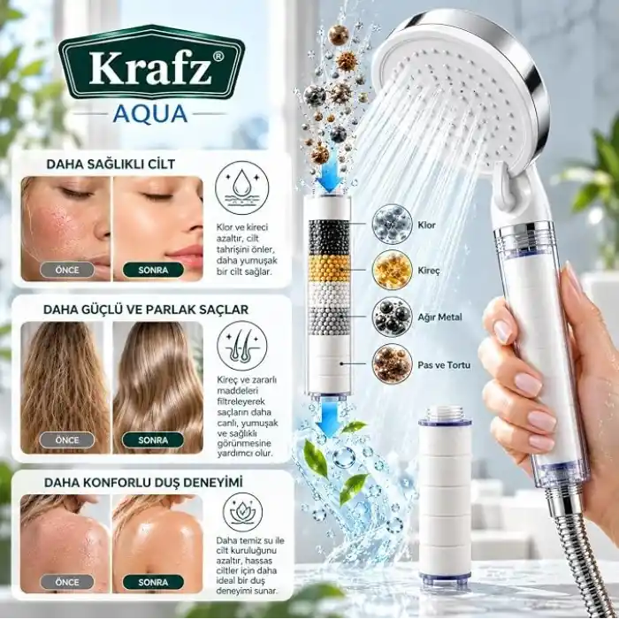 AQUA 5 Fonksiyonlu Filtreli Duş Başlığı Seti, Ayarlanabilir Yüksek Basınçlı Masaj Etkili El Duşu, Turbo Su Akışlı, Su Tasarruflu, Kireç ve Klor Önleyici, 3 Adet Yedek Filtreli