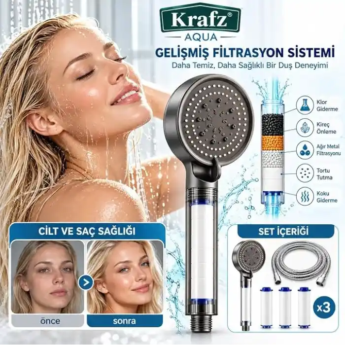 AQUA 5 Fonksiyonlu Filtreli Duş Başlığı Seti, Ayarlanabilir Yüksek Basınçlı Masaj Etkili El Duşu, Turbo Su Akışlı, Su Tasarruflu, Kireç ve Klor Önleyici, 3 Adet Yedek Filtreli