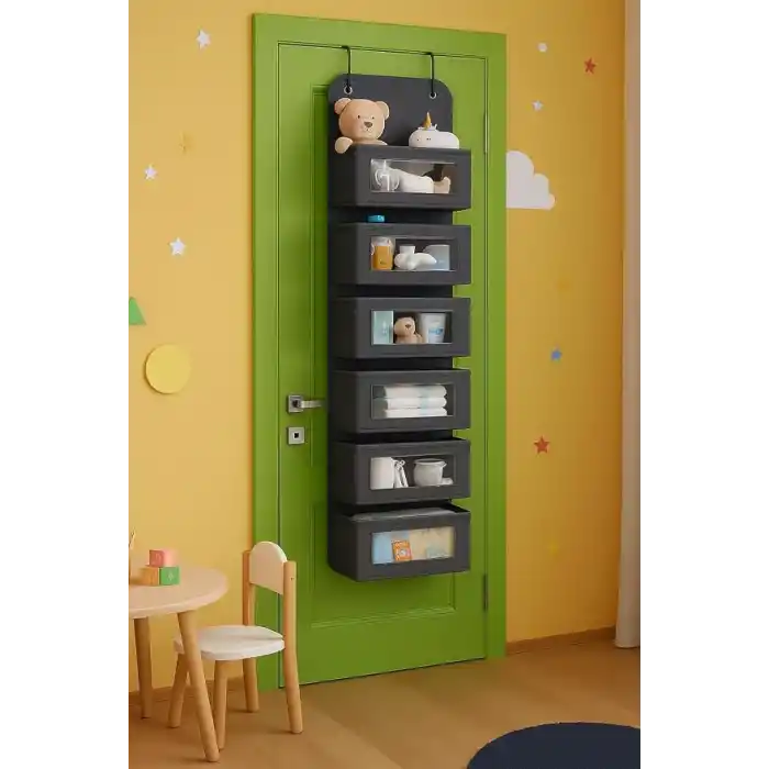 6 Katlı Kapı Arkası Düzenleyici Raf Bebek Eşyası Çocuk Odası Banyo Organizer (Antrasit)