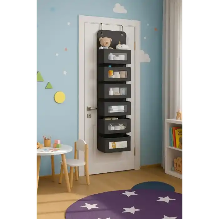 6 Katlı Kapı Arkası Düzenleyici Raf Bebek Eşyası Çocuk Odası Banyo Organizer (Antrasit)