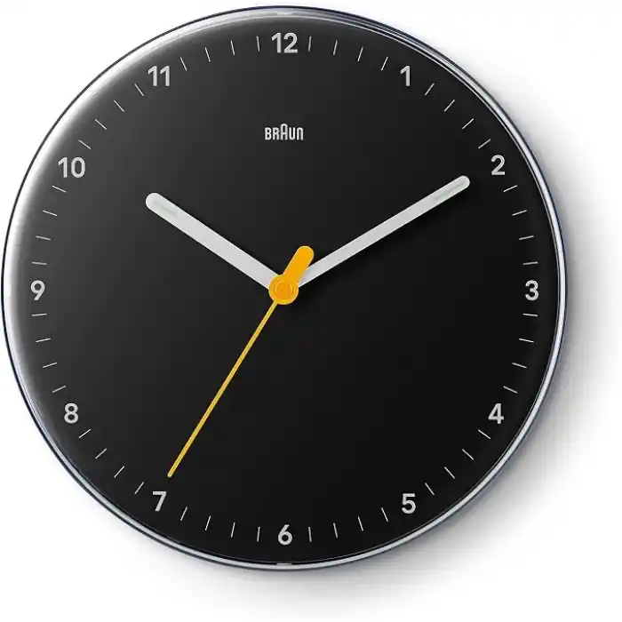 Braun Klasik analog duvar saati sessiz kuvars mekanizması, iyi okunabilir, 23 cm çap, siyah model, BC26B.