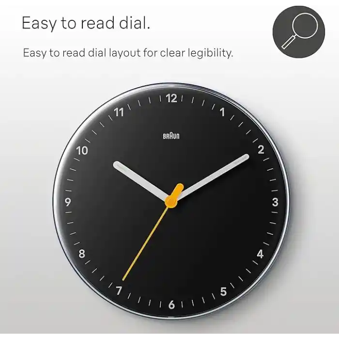 Braun Klasik analog duvar saati sessiz kuvars mekanizması, iyi okunabilir, 23 cm çap, siyah model, BC26B.