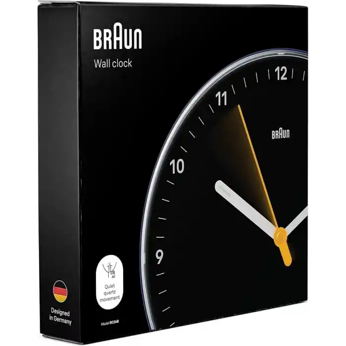 Braun Klasik analog duvar saati sessiz kuvars mekanizması, iyi okunabilir, 23 cm çap, siyah model, BC26B.