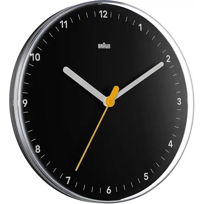 Braun Klasik analog duvar saati sessiz kuvars mekanizması, iyi okunabilir, 23 cm çap, siyah model, BC26B.