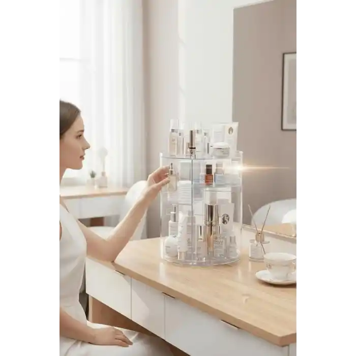 Mithra Life 360 Derece Dönen Makyaj Takı Rafı Organizer – Şeffaf Kozmetik Düzenleyici MIT1293