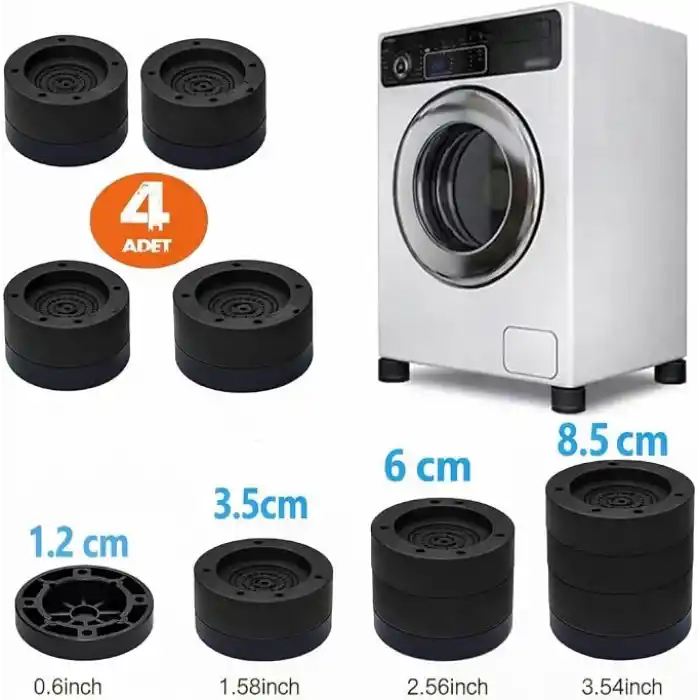 TİNEKE Beyaz Eşya Ayağı Çamaşır Makinesi Mobilya Titreşim Önleyici Kaydırmaz Yükseltici 4 Lü Set SİYAH (8.5 CM)