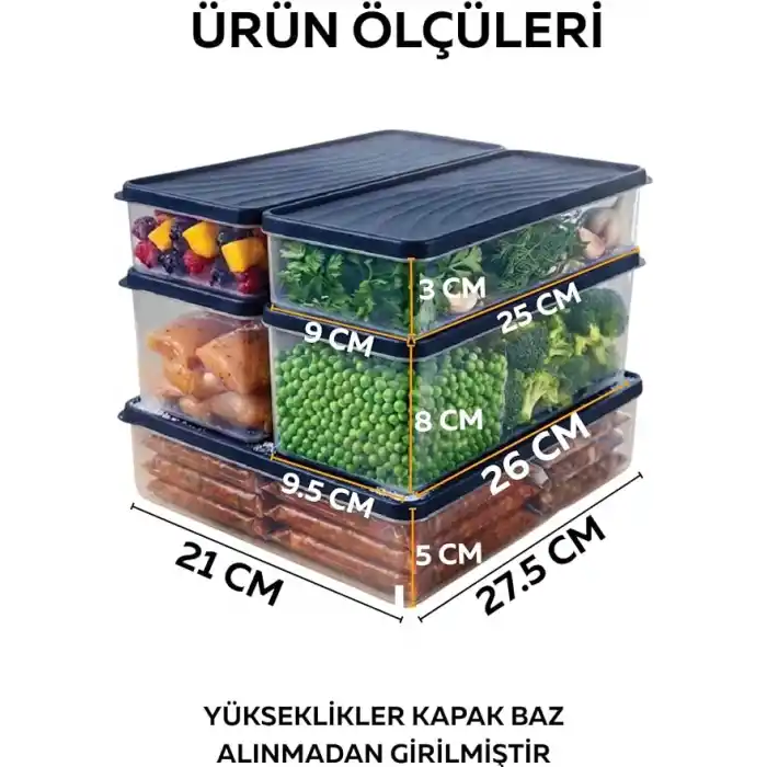 Beylini 5li Dondurucu Saklama Kabı Buzdolabı Toplam 9L Buzluk Dolap İçi Düzenleyici Set Mikrodalga Derin Dondurucu ve Difrize Uygun
