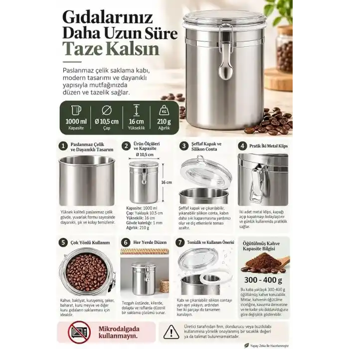 Çelik Hava Geçirmez Kelepçeli Kahve Çay Saklama Kabı Depolama Kavanozu mt118