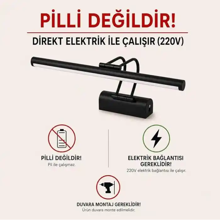 SekaTech Siyah Kasa LED Flüt Resim Aplik | 6W | 3200K Gün Işığı | 35cm | Duvar Tipi Ayna/Tablo Üstü Dekoratif Işık | IP20 İç Mekan Kullanım