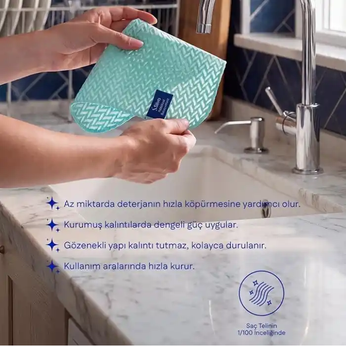Silva Premium Bulaşık Filesi Balıksırtı Doku 25x25 cm, Mikrofiber Bulaşık Bezi, Az Deterjanla Bol Köpük, Çizmeyen Ovma Gücü, Tencere Tava Cam Porselen İçin, Mint Yeşili