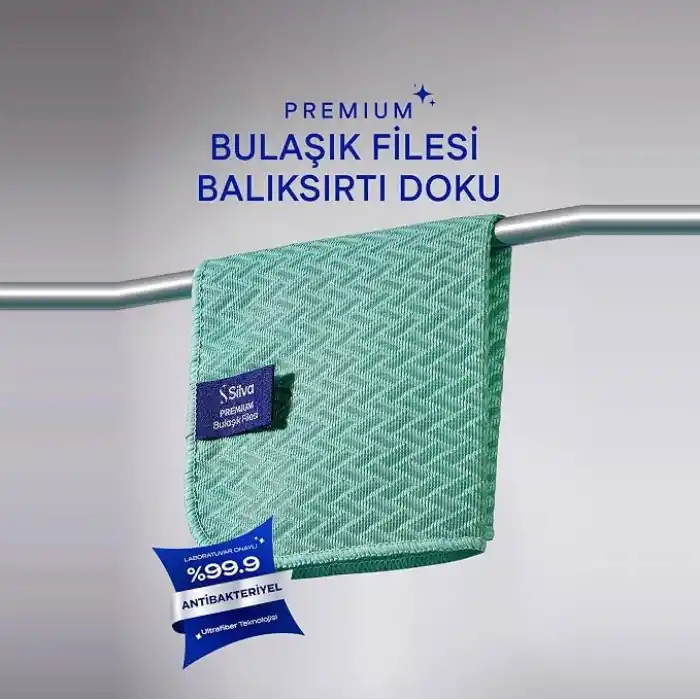 Silva Premium Bulaşık Filesi Balıksırtı Doku 25x25 cm, Mikrofiber Bulaşık Bezi, Az Deterjanla Bol Köpük, Çizmeyen Ovma Gücü, Tencere Tava Cam Porselen İçin, Mint Yeşili