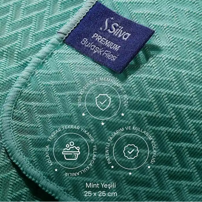 Silva Premium Bulaşık Filesi Balıksırtı Doku 25x25 cm, Mikrofiber Bulaşık Bezi, Az Deterjanla Bol Köpük, Çizmeyen Ovma Gücü, Tencere Tava Cam Porselen İçin, Mint Yeşili