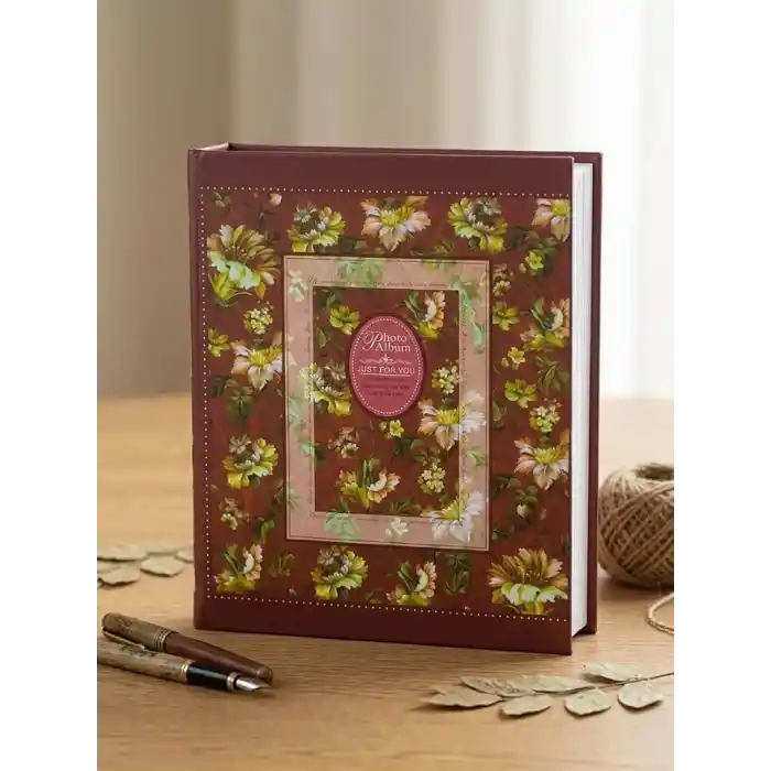 Rabsev RS5 Fotoğraf Albümü 15x21cm 100 Fotoğraf Kapasiteli Bordo Renkli Çiçek Desenli Anı Albümü