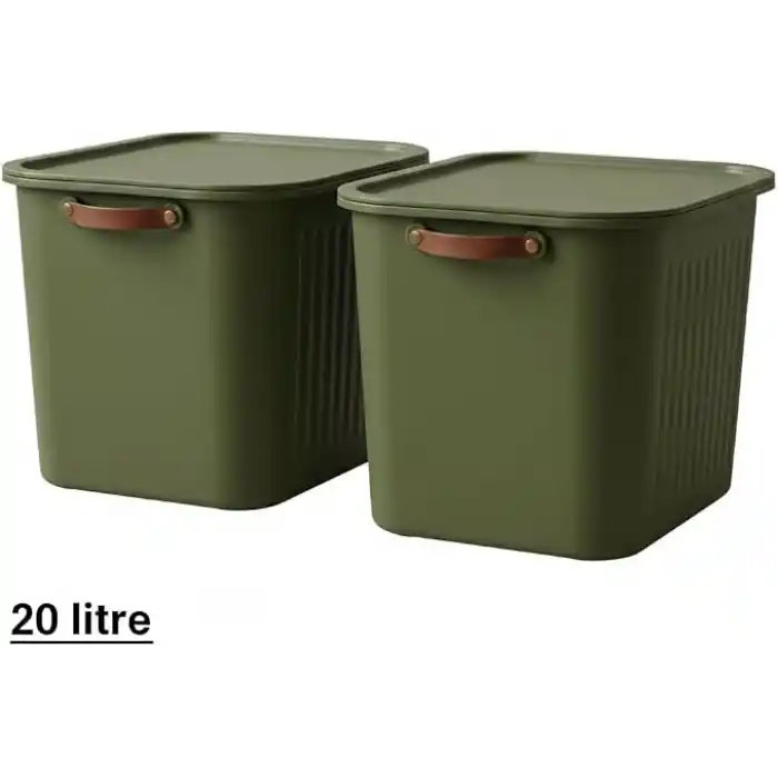 2 Adet Modern Kapaklı Büyük Boy Saklama Kutu Seti -20 Litre – Yeşil- Taşınabilir Kulplu, Dolap İçi Düzenleyici, Çok Amaçlı Organizer Kutu, Oyuncak & Kıyafet Kutusu