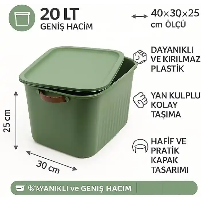 2 Adet Modern Kapaklı Büyük Boy Saklama Kutu Seti -20 Litre – Yeşil- Taşınabilir Kulplu, Dolap İçi Düzenleyici, Çok Amaçlı Organizer Kutu, Oyuncak & Kıyafet Kutusu