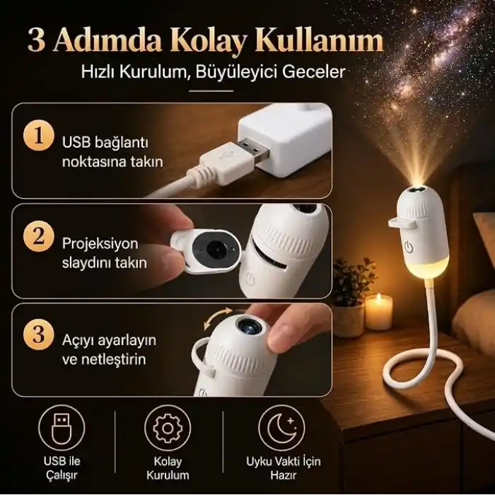 Amber LED Galaksi Projektör Gece Lambası, Yıldız Yansıtmalı USB Işık