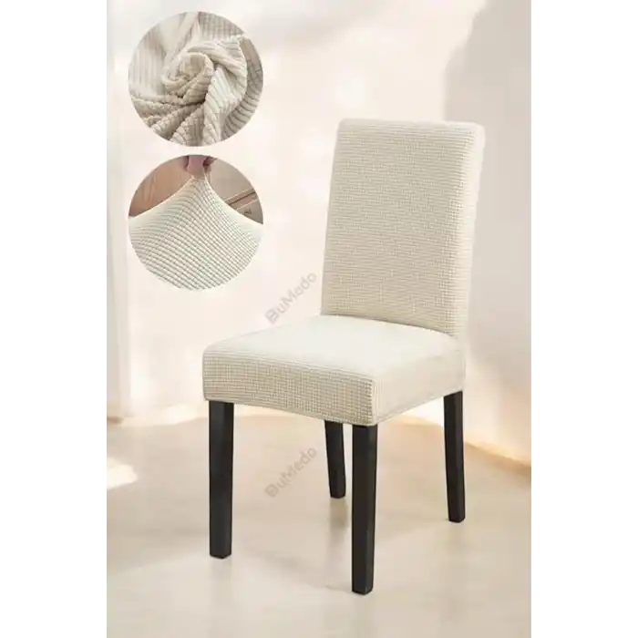 Bambu Nano Kumaş Likralı Yıkanabilir 6lı Sandalye Kılıfı Lastikli Sandalye Örtüsü (6ADET) (Krem)