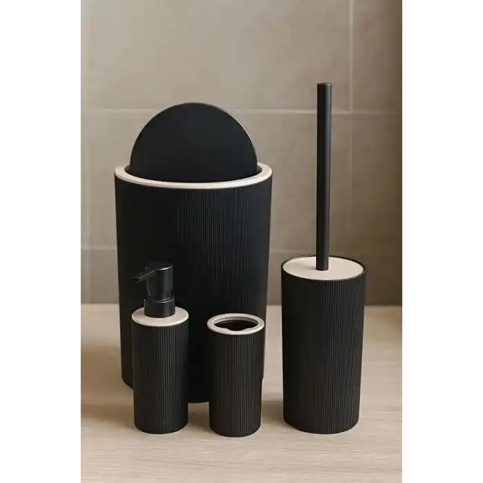ARVALE Quardi Banyo Seti Modern Çizgili - 7 L Kova 4 Parça Banyo Çöp Kovası ve Aksesuar Seti (siyah)