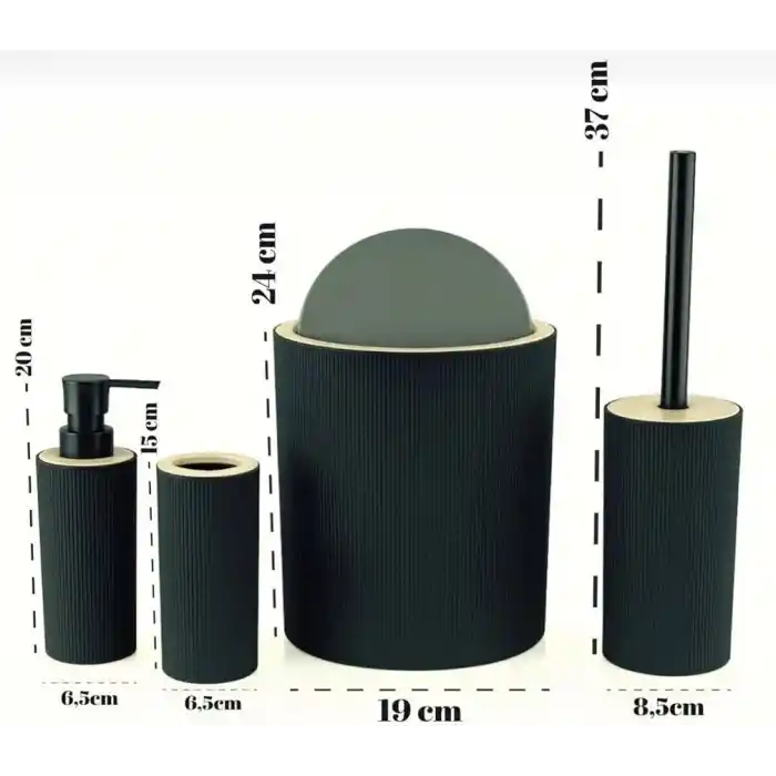 ARVALE Quardi Banyo Seti Modern Çizgili - 7 L Kova 4 Parça Banyo Çöp Kovası ve Aksesuar Seti (siyah)