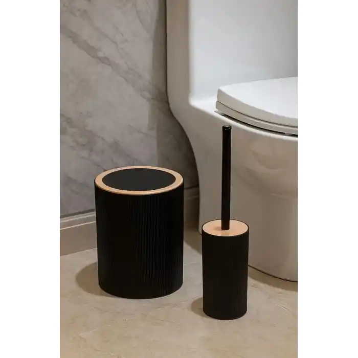 ARVALE Quardi Banyo Seti Modern Çizgili - 7 L Kova 4 Parça Banyo Çöp Kovası ve Aksesuar Seti (siyah)