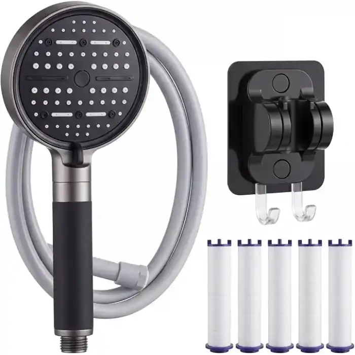 MallArt® 6 Modlu Filtreli Duş Başlığı Seti - 6 Adet Yedek Filtreli Ve Yapışkanlı Duş Braketli Yüksek Basınçlı Arıtmalı Banyo Duş Ahizesi Seti