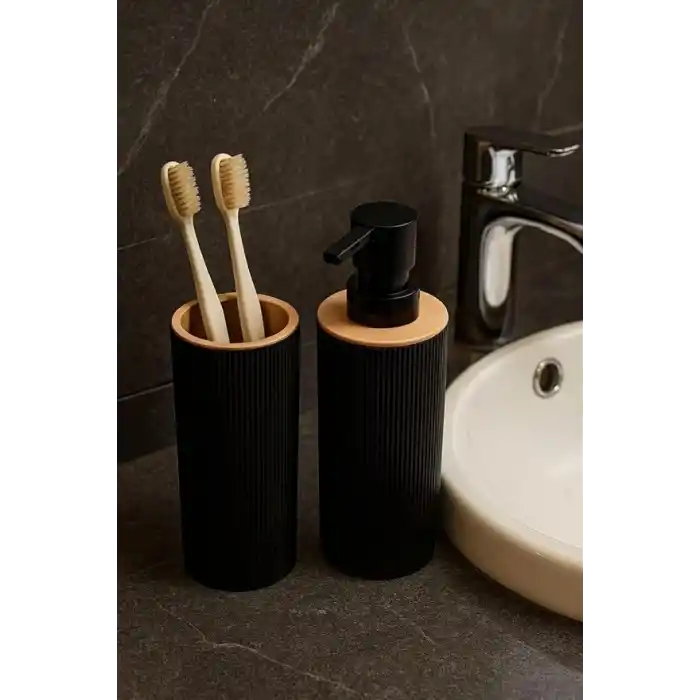 ARVALE Quardi Banyo Seti Modern Çizgili - 7 L Kova 4 Parça Banyo Çöp Kovası ve Aksesuar Seti (siyah)