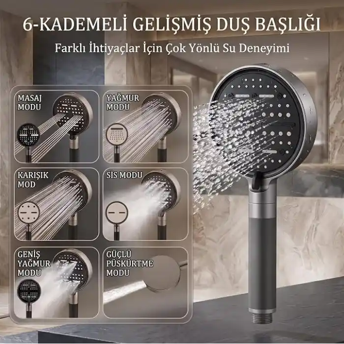 MallArt® 6 Modlu Filtreli Duş Başlığı Seti - 6 Adet Yedek Filtreli Ve Yapışkanlı Duş Braketli Yüksek Basınçlı Arıtmalı Banyo Duş Ahizesi Seti