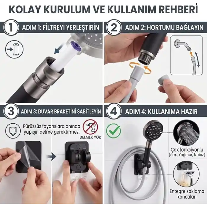 MallArt® 6 Modlu Filtreli Duş Başlığı Seti - 6 Adet Yedek Filtreli Ve Yapışkanlı Duş Braketli Yüksek Basınçlı Arıtmalı Banyo Duş Ahizesi Seti