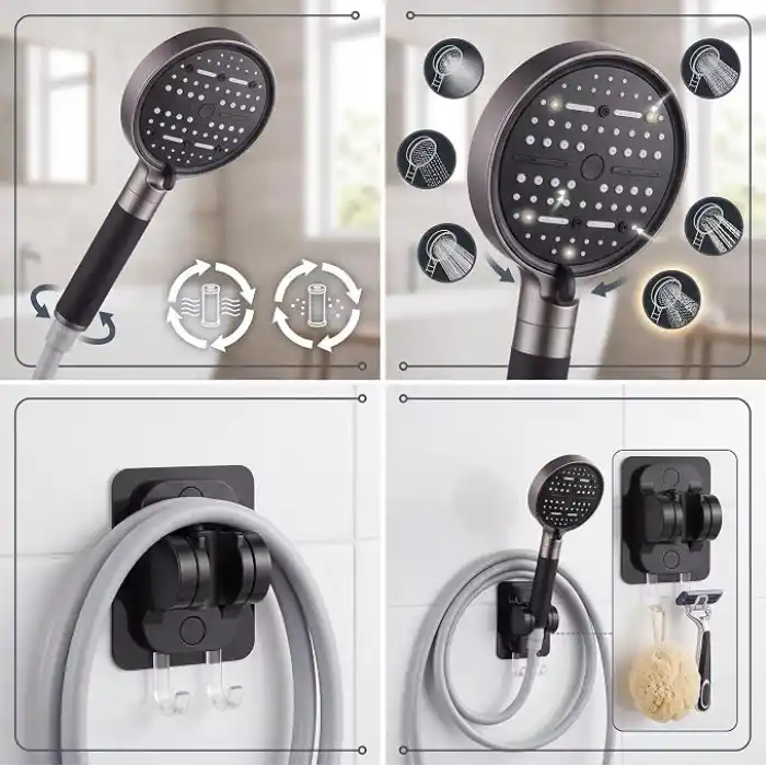 MallArt® 6 Modlu Filtreli Duş Başlığı Seti - 6 Adet Yedek Filtreli Ve Yapışkanlı Duş Braketli Yüksek Basınçlı Arıtmalı Banyo Duş Ahizesi Seti