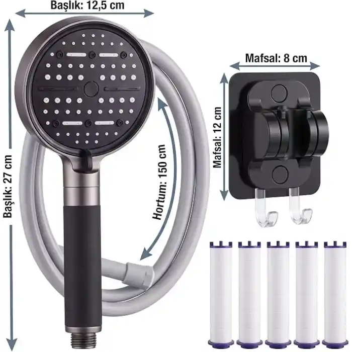 MallArt® 6 Modlu Filtreli Duş Başlığı Seti - 6 Adet Yedek Filtreli Ve Yapışkanlı Duş Braketli Yüksek Basınçlı Arıtmalı Banyo Duş Ahizesi Seti