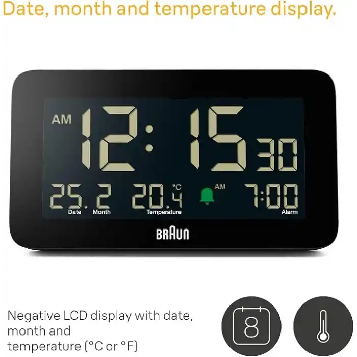 Braun Dijital Çalar Saat, Tarih, Ay ve Sıcaklık Göstergesi, Negatif LCD Ekran, Hızlı Ayarı, Artışlı Bip Alarmı, Siyah, BC10B Modeli (1li Paket)