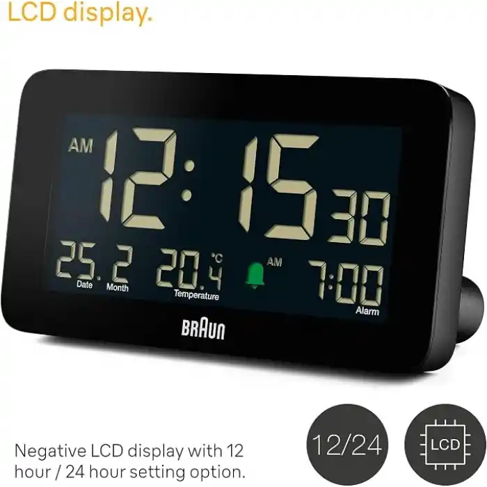 Braun Dijital Çalar Saat, Tarih, Ay ve Sıcaklık Göstergesi, Negatif LCD Ekran, Hızlı Ayarı, Artışlı Bip Alarmı, Siyah, BC10B Modeli (1li Paket)