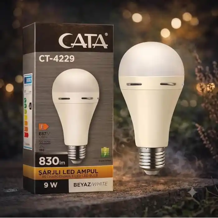 Şarjlı LED Ampul 9W (830 Lümen) 6400K Beyaz Işık, Elektrik Kesintisinde Otomatik Yanan E27 Duylu Şarj Edilebilir Acil Durum Işıldak Ampulü Cata CT-4229