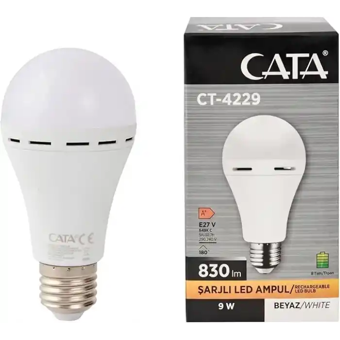 Şarjlı LED Ampul 9W (830 Lümen) 6400K Beyaz Işık, Elektrik Kesintisinde Otomatik Yanan E27 Duylu Şarj Edilebilir Acil Durum Işıldak Ampulü Cata CT-4229