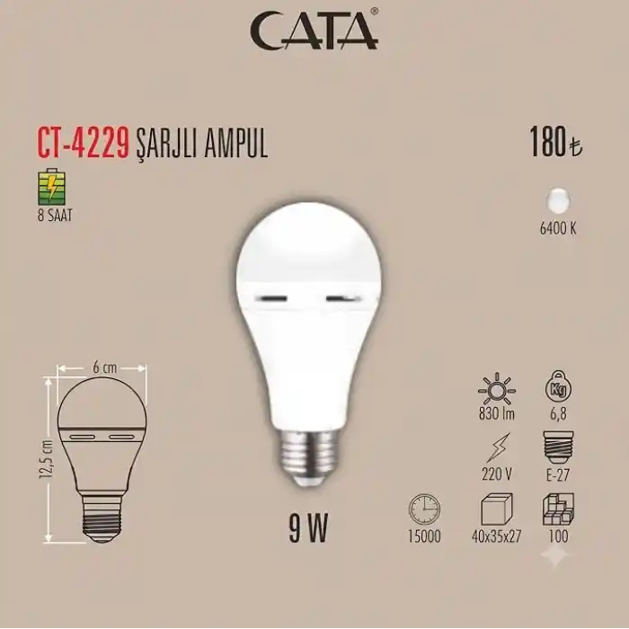 Şarjlı LED Ampul 9W (830 Lümen) 6400K Beyaz Işık, Elektrik Kesintisinde Otomatik Yanan E27 Duylu Şarj Edilebilir Acil Durum Işıldak Ampulü Cata CT-4229