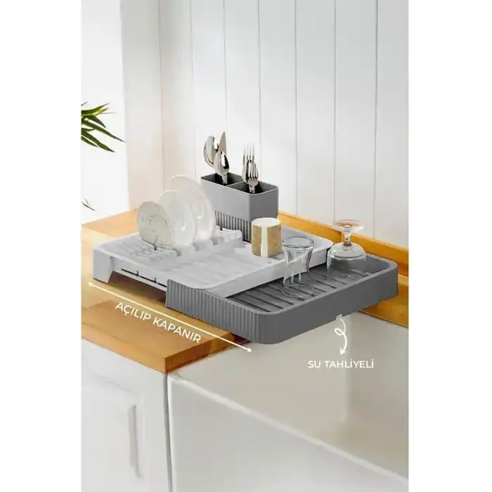Orret Home Açılıp Kapanabilir Bulaşıklık – Tezgah Üstü Büyütülebilir Plastik Bulaşık Kurutucu,Sürgülü Su Tahliyeli Tabak Çatal Bıçak Düzenleyici, Katlanabilir Pratik Mutfak Bulaşık Rafı (Antrasit Gri)