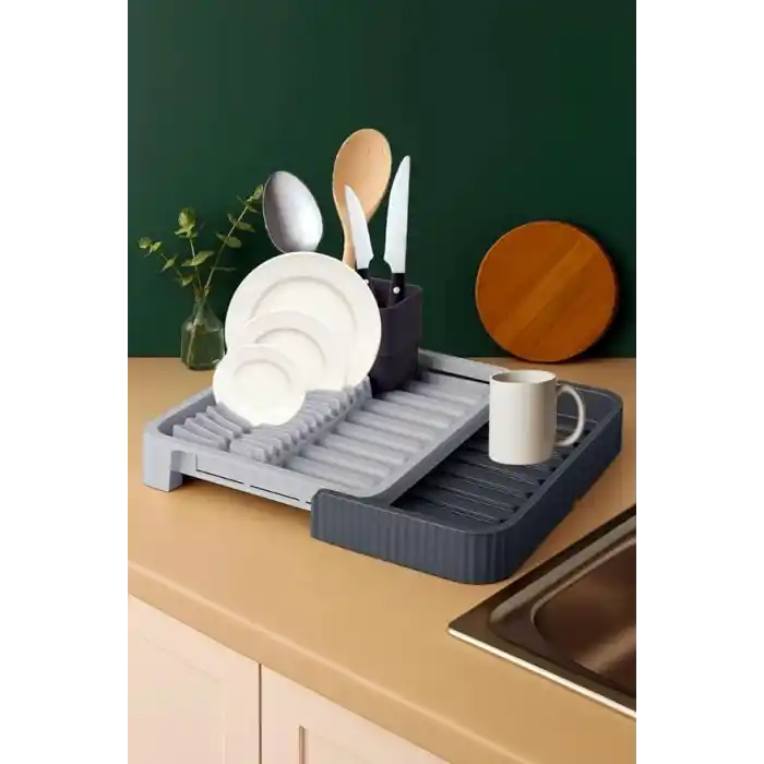 Orret Home Açılıp Kapanabilir Bulaşıklık – Tezgah Üstü Büyütülebilir Plastik Bulaşık Kurutucu,Sürgülü Su Tahliyeli Tabak Çatal Bıçak Düzenleyici, Katlanabilir Pratik Mutfak Bulaşık Rafı (Antrasit Gri)