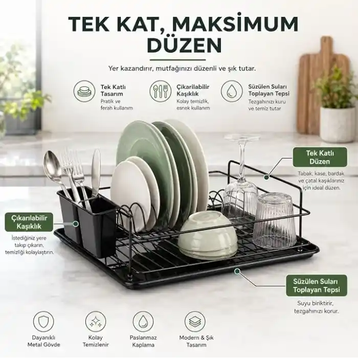 Alper Banyo Ömür Boyu Paslanmaz Siyah Bulaşıklık Bulaşık Süzgeci Tek Katlı Tabaklık Termo Plastik Kaplama
