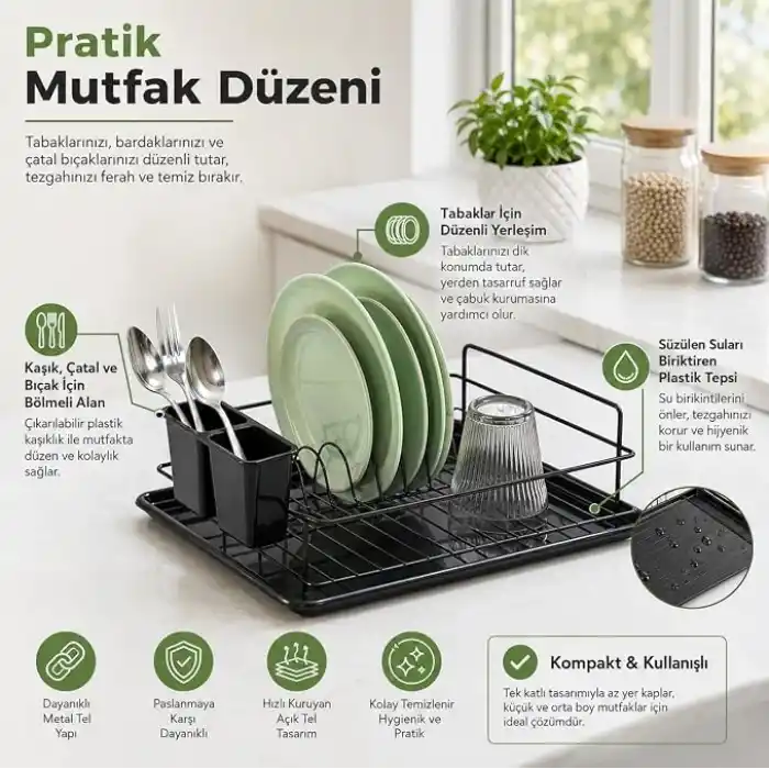 Alper Banyo Ömür Boyu Paslanmaz Siyah Bulaşıklık Bulaşık Süzgeci Tek Katlı Tabaklık Termo Plastik Kaplama