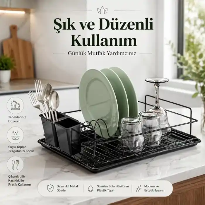 Alper Banyo Ömür Boyu Paslanmaz Siyah Bulaşıklık Bulaşık Süzgeci Tek Katlı Tabaklık Termo Plastik Kaplama