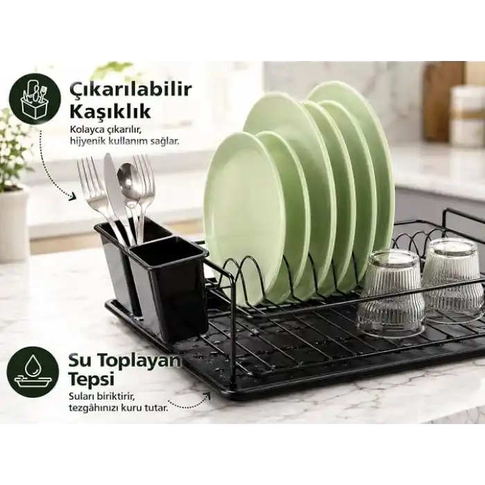 Alper Banyo Ömür Boyu Paslanmaz Siyah Bulaşıklık Bulaşık Süzgeci Tek Katlı Tabaklık Termo Plastik Kaplama