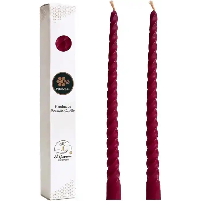 Petekoğlu Bordo 2 Adet Konik Burgulu Balmumu Mum Şamdan Mumu Doğal Petek Balmumu Mum (Beeswax Candle) 27.5 cm