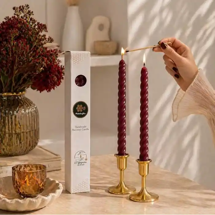 Petekoğlu Bordo 2 Adet Konik Burgulu Balmumu Mum Şamdan Mumu Doğal Petek Balmumu Mum (Beeswax Candle) 27.5 cm