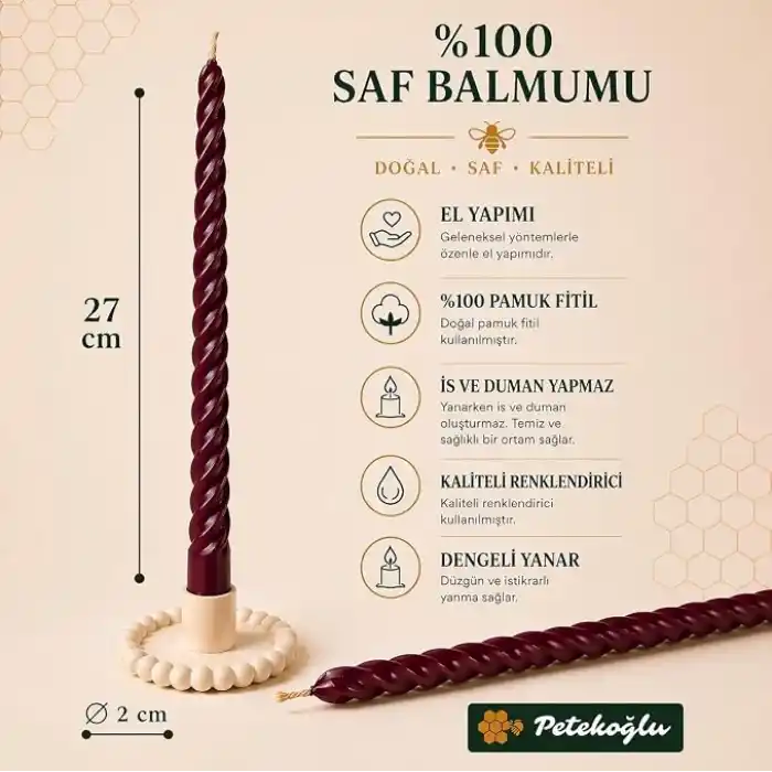 Petekoğlu Bordo 2 Adet Konik Burgulu Balmumu Mum Şamdan Mumu Doğal Petek Balmumu Mum (Beeswax Candle) 27.5 cm