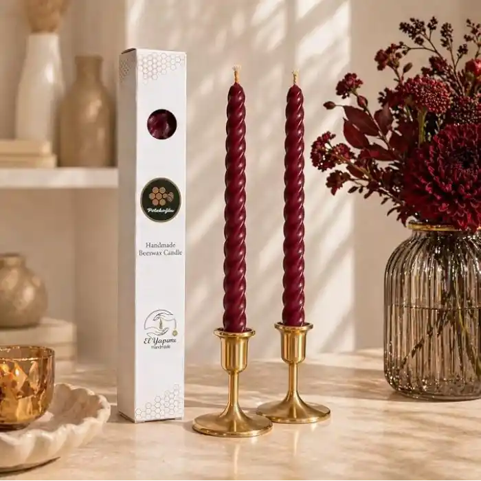 Petekoğlu Bordo 2 Adet Konik Burgulu Balmumu Mum Şamdan Mumu Doğal Petek Balmumu Mum (Beeswax Candle) 27.5 cm