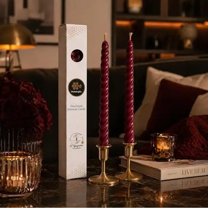Petekoğlu Bordo 2 Adet Konik Burgulu Balmumu Mum Şamdan Mumu Doğal Petek Balmumu Mum (Beeswax Candle) 27.5 cm