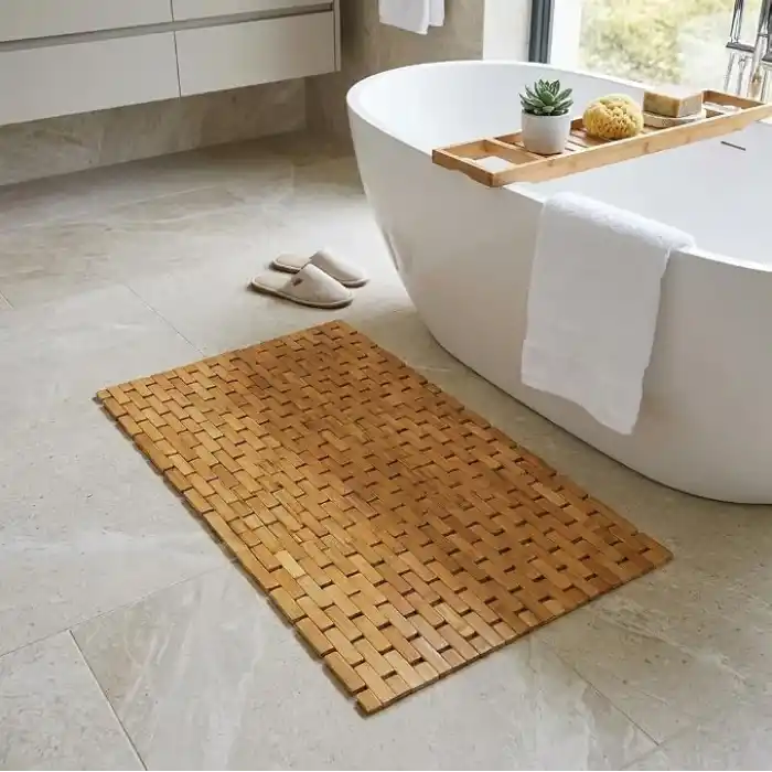 Deconox Doğal Bambu Banyo Paspası (42x62 cm) - Suya Dayanıklı Ahşap Duş Önü Paspas Spa ve Sauna Tipi Izgaralı Banyo Matı