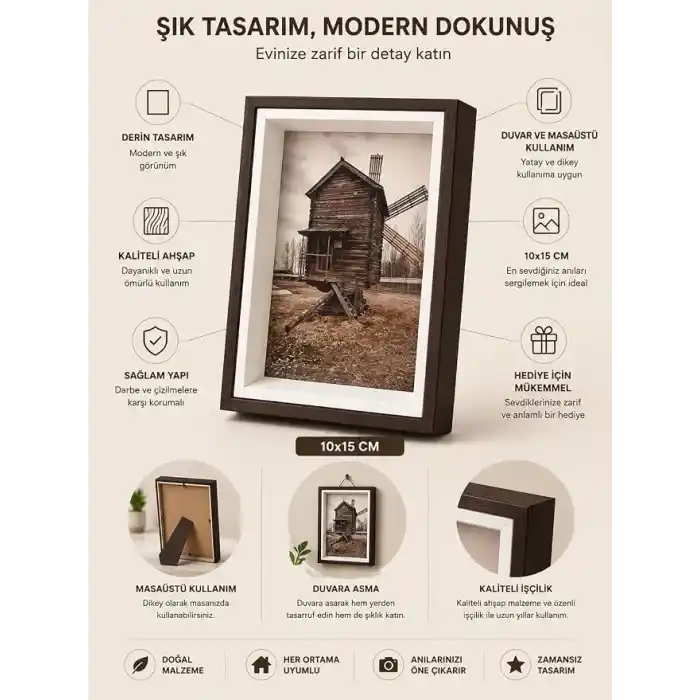 Busstier Fotoğraf Çerçevesi Dekoratif Modern Tasarım Duvar ve Masaüstü Kullanıma Uygun Şık Resim Çerçevesi Ev Ofis Dekorasyon Çerçeve (Koyu Kahverengi Derin)