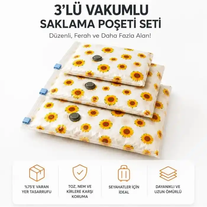 3lü Vakumlu Hurç Saklama Seti Şeffaf Ön Yüzlü Yorgan Battaniye Kıyafet Düzenleme ve Depolama Poşeti