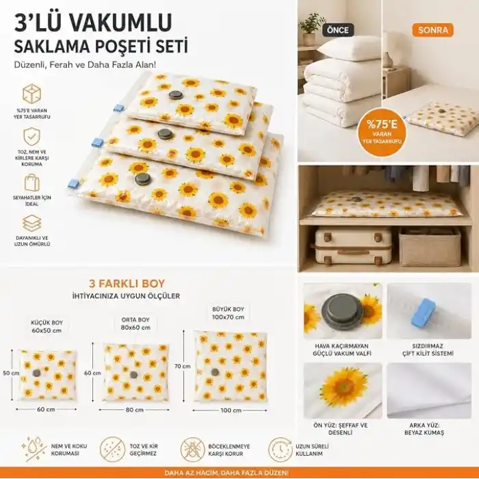3lü Vakumlu Hurç Saklama Seti Şeffaf Ön Yüzlü Yorgan Battaniye Kıyafet Düzenleme ve Depolama Poşeti